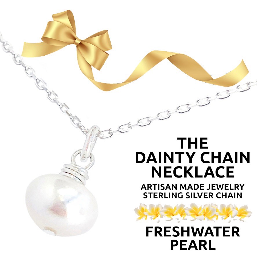 Island Sunset Artisan-Dainty Chain Necklace-Freshwater Pearl Pendant .925